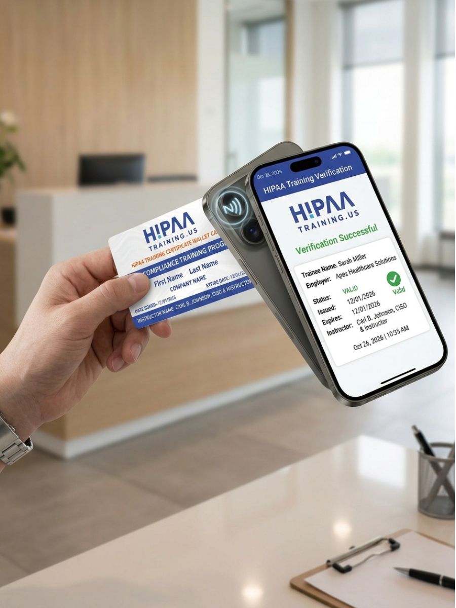 HIPAA training card being tapped to a phone to verify a credential